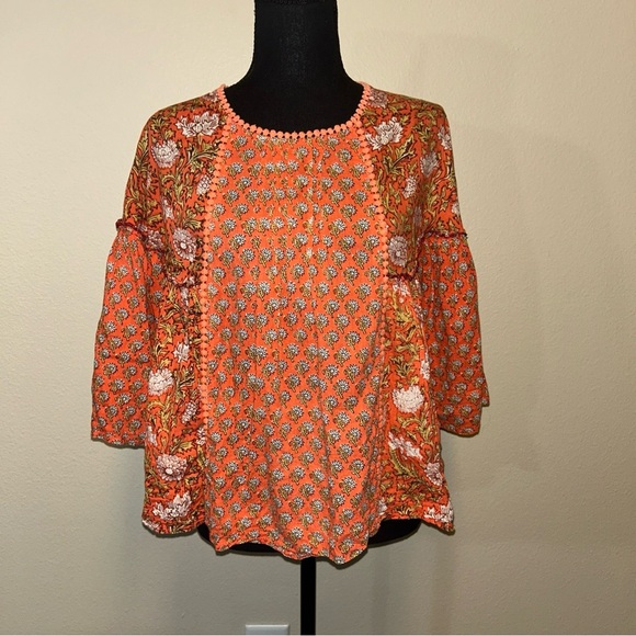 Rachel Zoe Orange Floral Blouse Boho 3/4 Sleeve - Picture 2 of 9